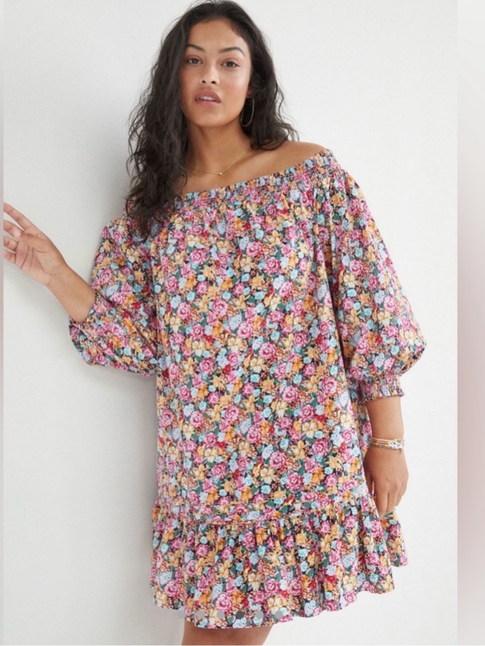 Anthropologie Floral Off-the-Shoulder Mini Dress in Pink, Yellow, Blue